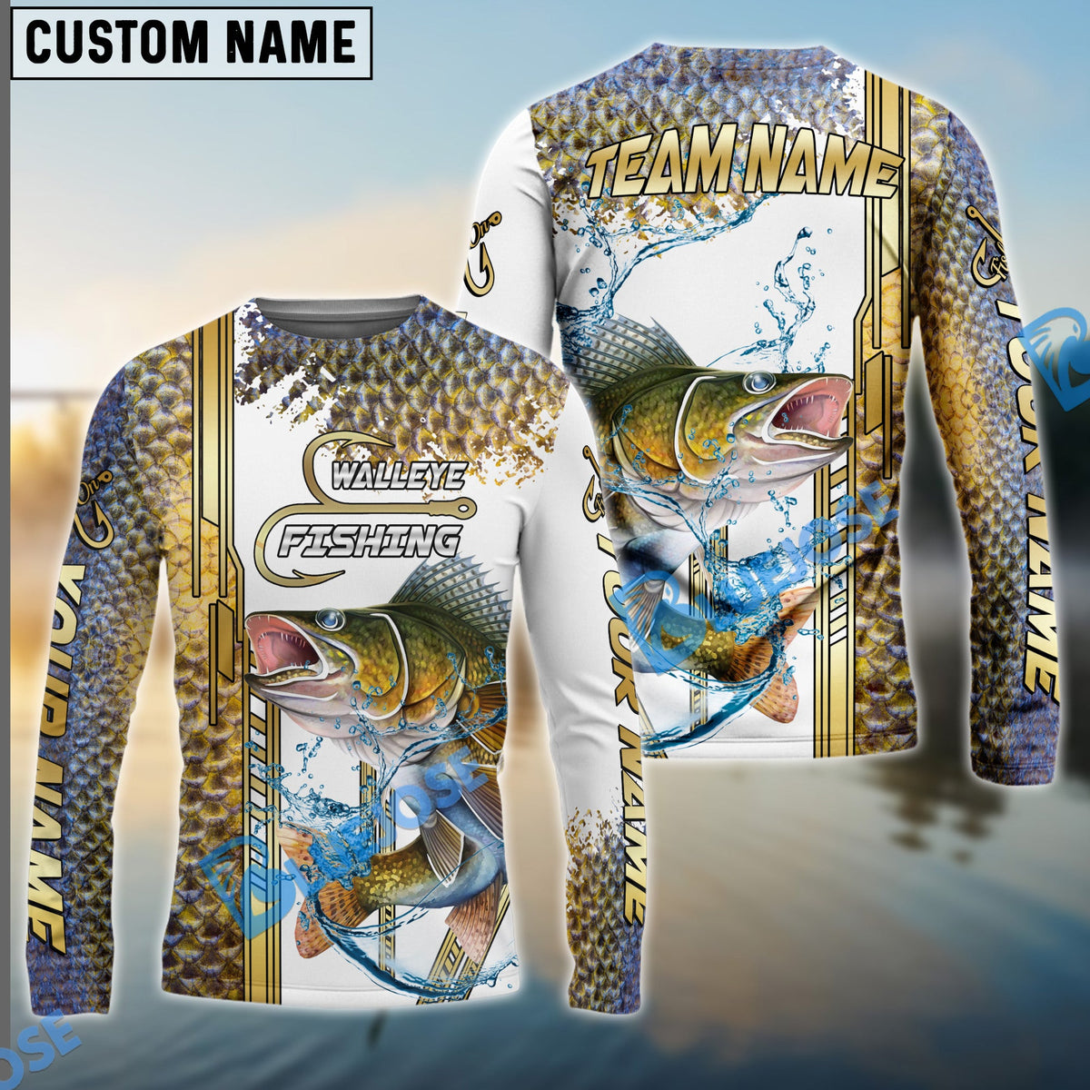 Bluejose Walleye Fishing Skinfish Golden Line Pattern Custom Name &amp; Team Name 3D Shirts