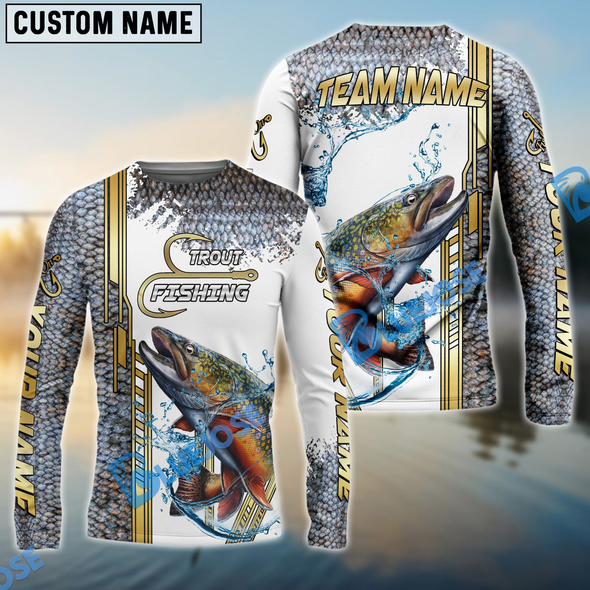 Bluejose Trout Fishing Skinfish Golden Line Pattern Custom Name &amp; Team Name 3D Shirts