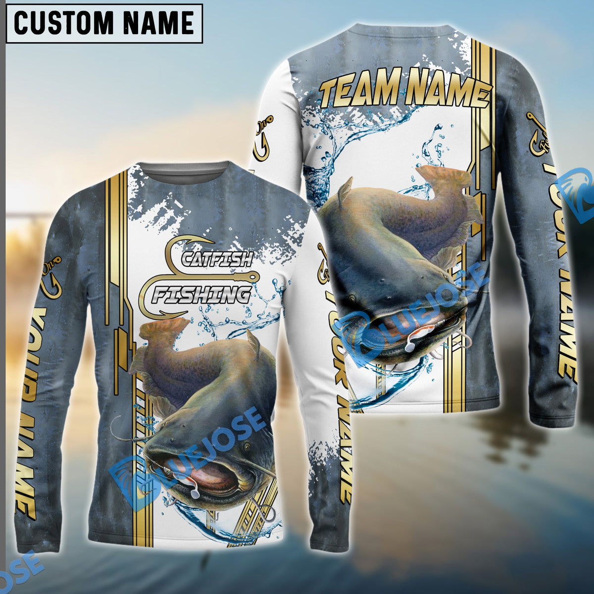 Bluejose Catfish Fishing Skinfish Golden Line Pattern Custom Name &amp; Team Name 3D Shirts