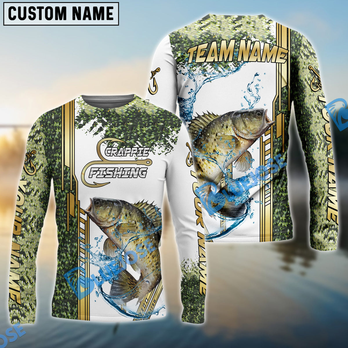 Bluejose Crappie Fishing Skinfish Golden Line Pattern Custom Name &amp; Team Name 3D Shirts