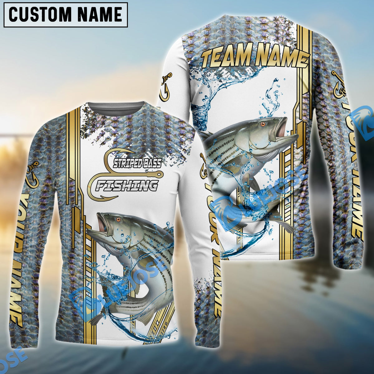 Bluejose Striped Bass Fishing Skinfish Golden Line Pattern Custom Name &amp; Team Name 3D Shirts