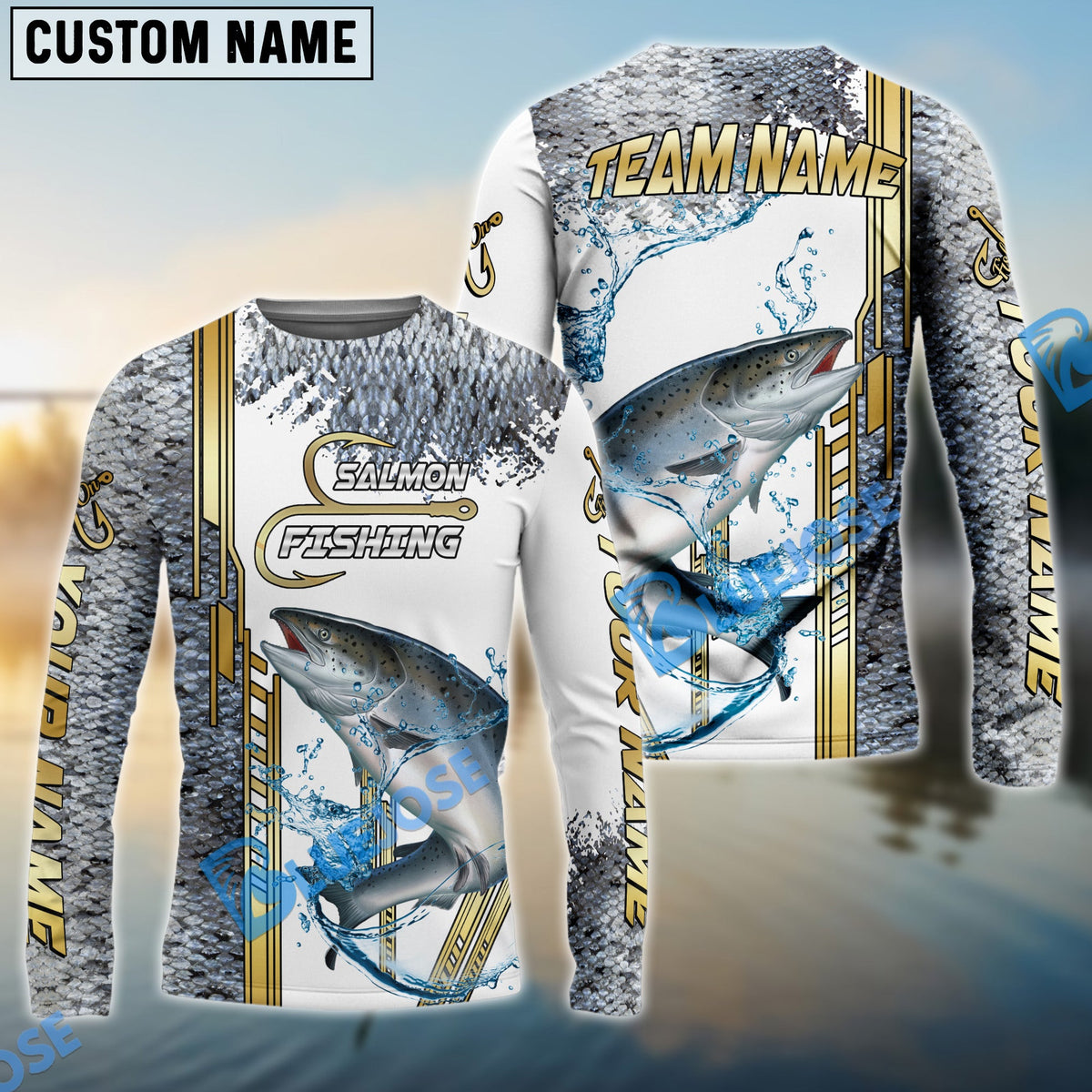 Bluejose Salmon Fishing Skinfish Golden Line Pattern Custom Name &amp; Team Name 3D Shirts