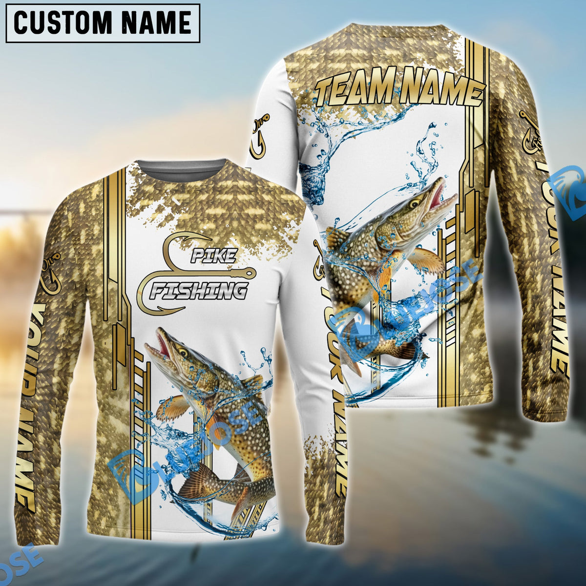 Bluejose Pike Fishing Skinfish Golden Line Pattern Custom Name &amp; Team Name 3D Shirts