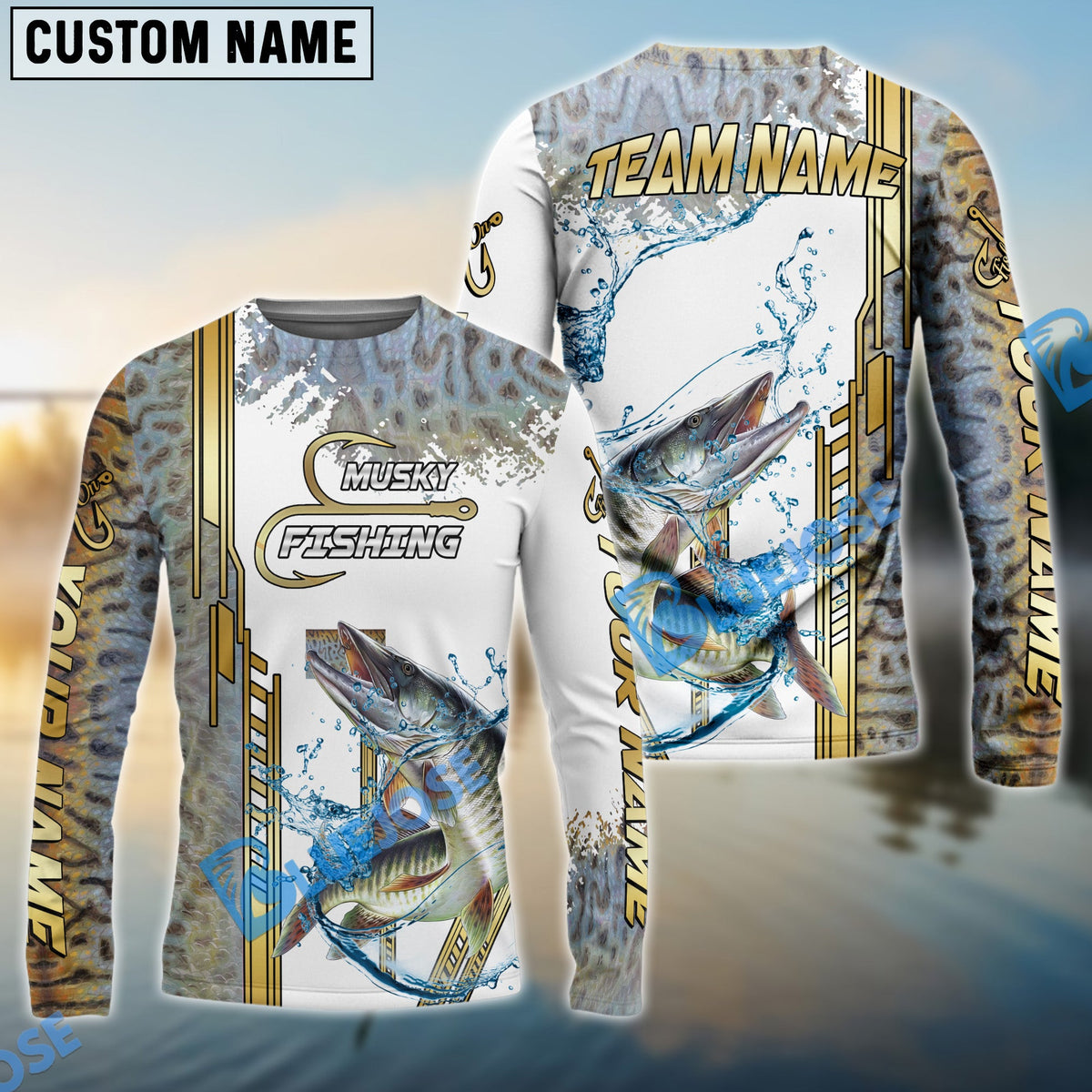 Bluejose Musky Fishing Skinfish Golden Line Pattern Custom Name &amp; Team Name 3D Shirts