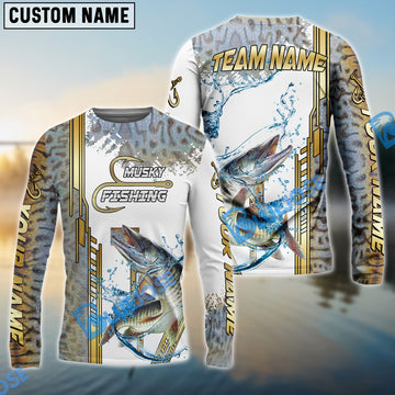 Bluejose Musky Fishing Skinfish Golden Line Pattern Custom Name & Team Name 3D Shirts