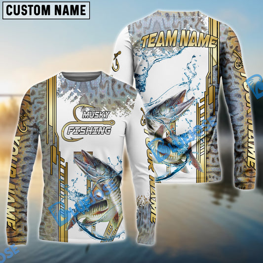 Bluejose Musky Fishing Skinfish Golden Line Pattern Custom Name & Team Name 3D Shirts