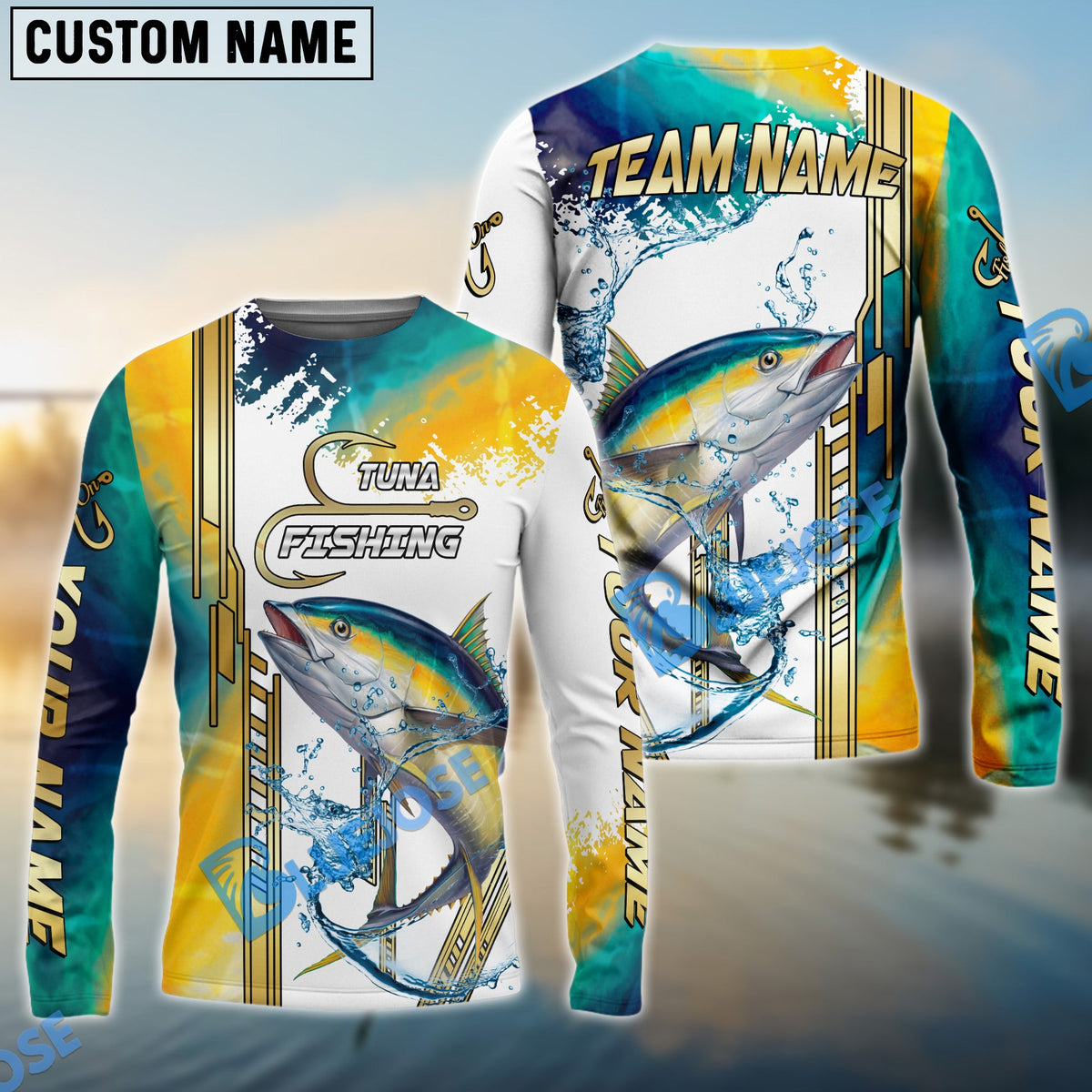 Bluejose Tuna Fishing Skinfish Golden Line Pattern Custom Name &amp; Team Name 3D Shirts