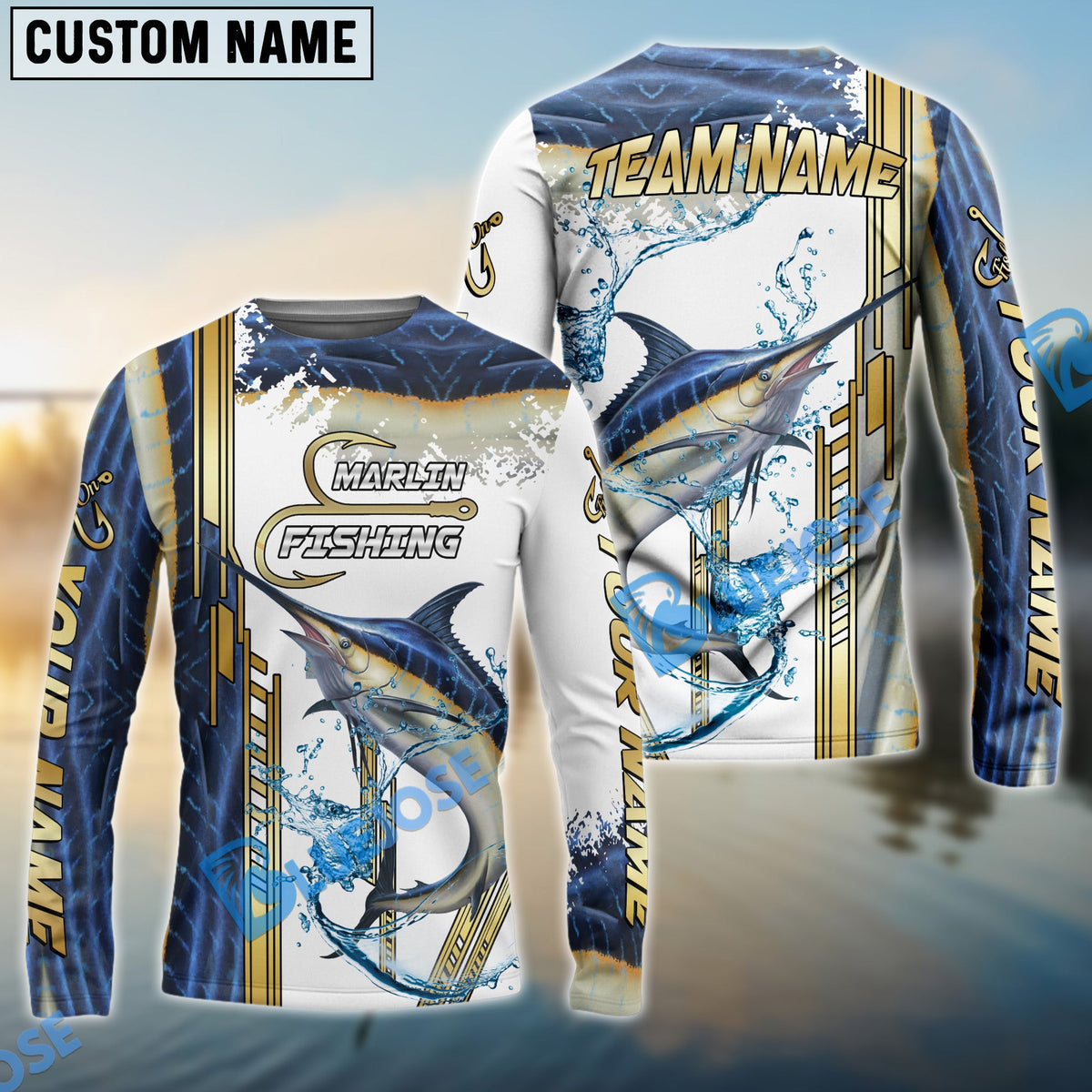 Bluejose Marlin Fishing Skinfish Golden Line Pattern Custom Name &amp; Team Name 3D Shirts