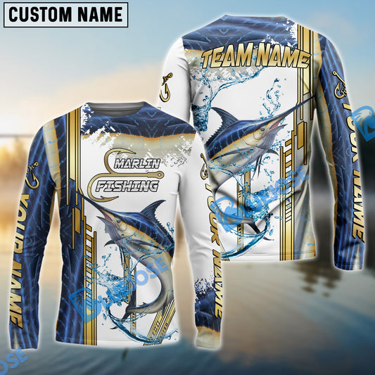 Bluejose Marlin Fishing Skinfish Golden Line Pattern Custom Name & Team Name 3D Shirts