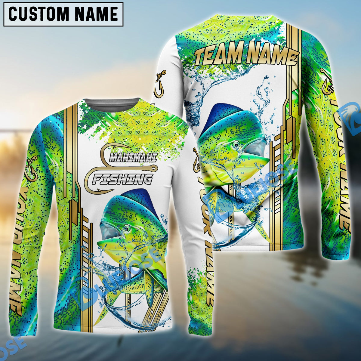 Bluejose Mahi-mahi Fishing Skinfish Golden Line Pattern Custom Name &amp; Team Name 3D Shirts