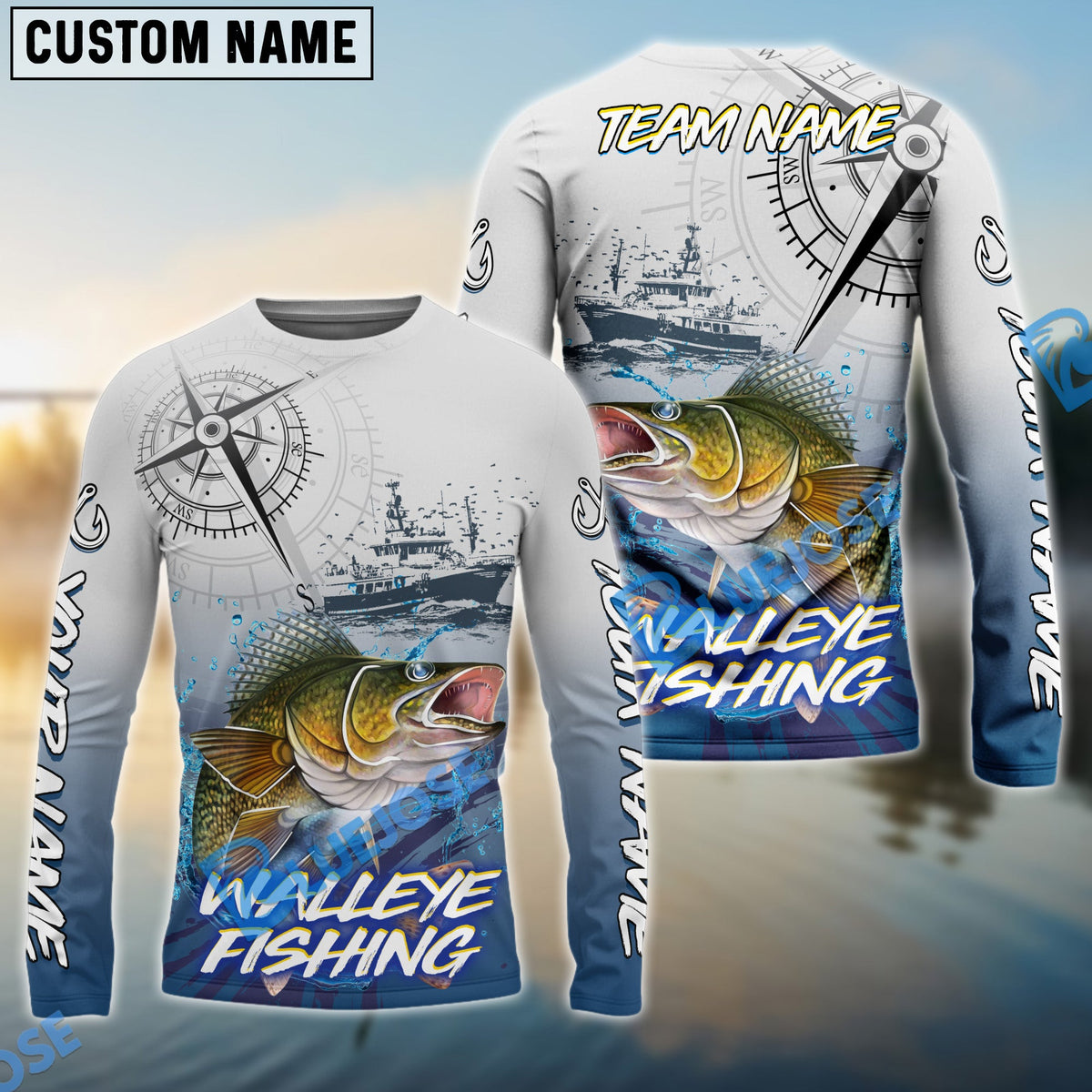 Bluejose Walleye Fishing Realistic Fish Compass Anchor Pattern Custom Name &amp; Team Name 3D Shirts
