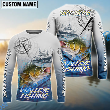 Bluejose Walleye Fishing Realistic Fish Compass Anchor Pattern Custom Name & Team Name 3D Shirts