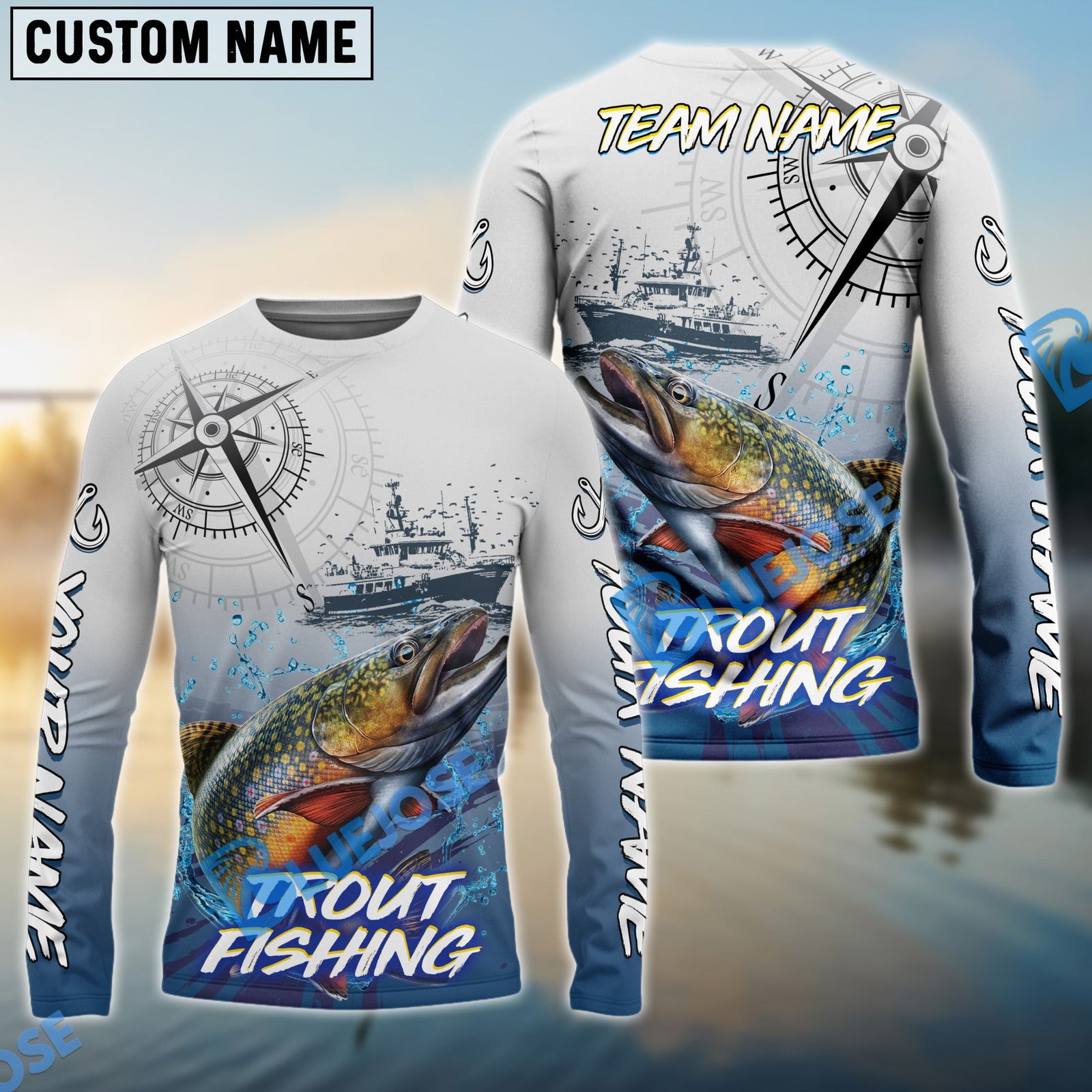 Bluejose Trout Fishing Realistic Fish Compass Anchor Pattern Custom Name & Team Name 3D Shirts