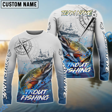 Bluejose Trout Fishing Realistic Fish Compass Anchor Pattern Custom Name & Team Name 3D Shirts