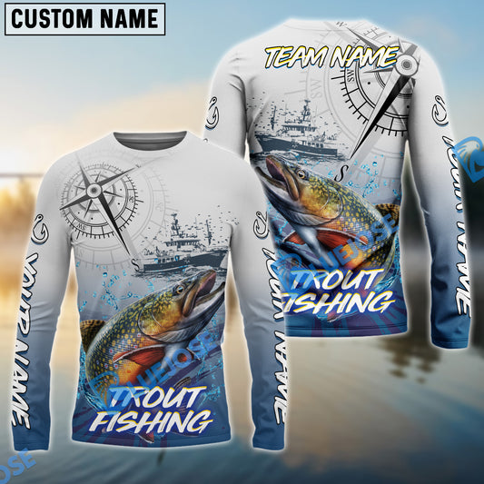 Bluejose Trout Fishing Realistic Fish Compass Anchor Pattern Custom Name & Team Name 3D Shirts