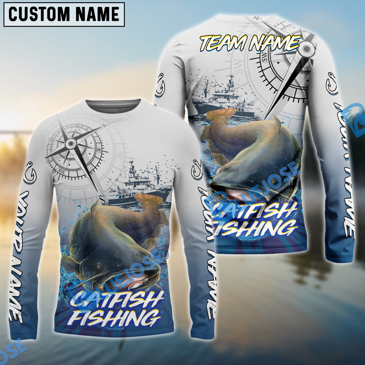 Bluejose Catfish Fishing Realistic Fish Compass Anchor Pattern Custom Name &amp; Team Name 3D Shirts