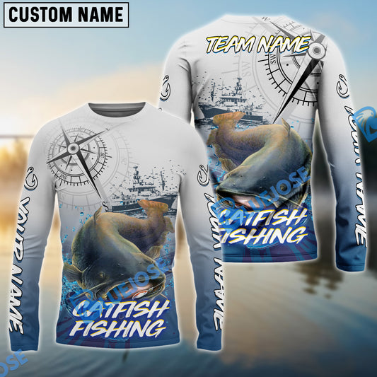 Bluejose Catfish Fishing Realistic Fish Compass Anchor Pattern Custom Name & Team Name 3D Shirts