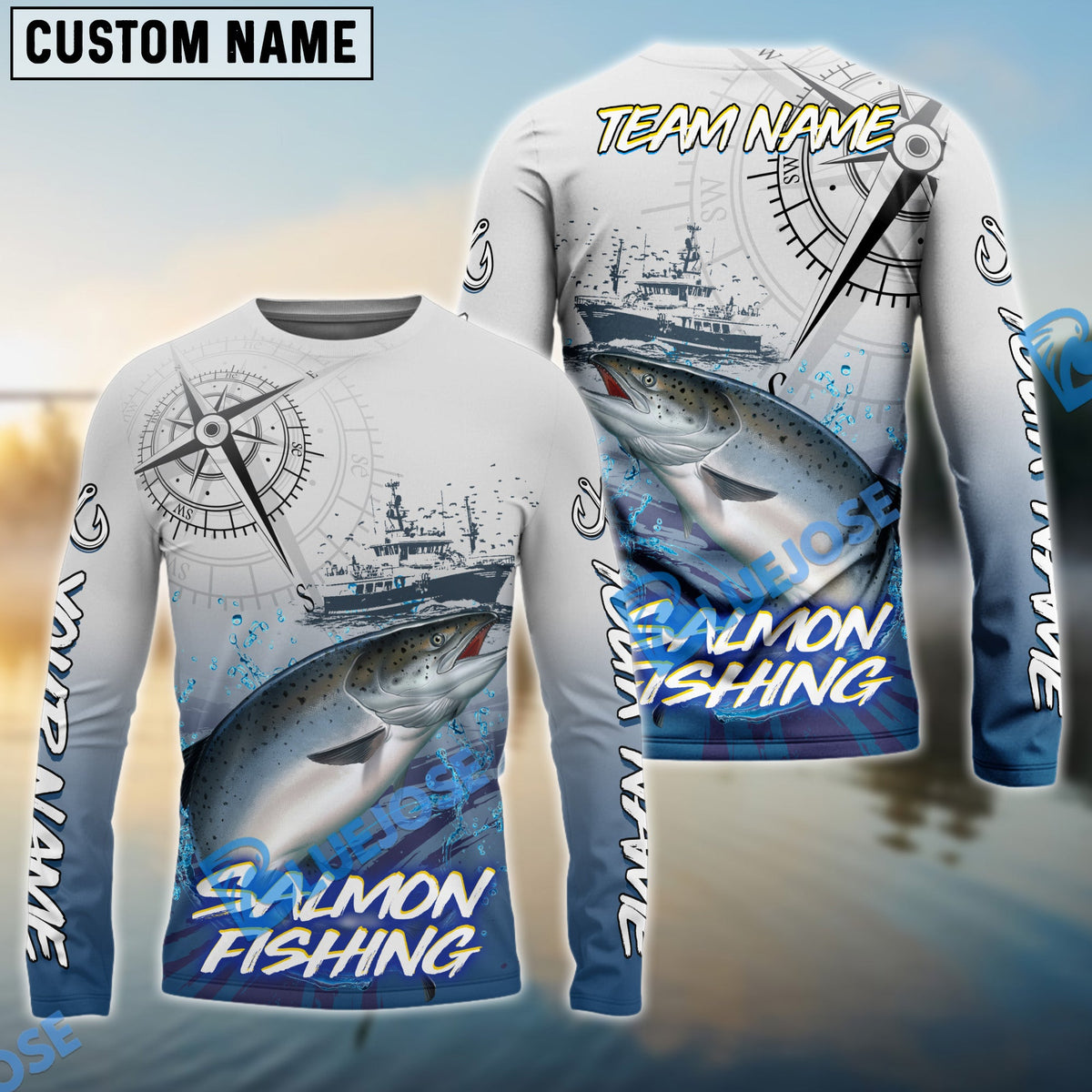 Bluejose Salmon Fishing Realistic Fish Compass Anchor Pattern Custom Name &amp; Team Name 3D Shirts