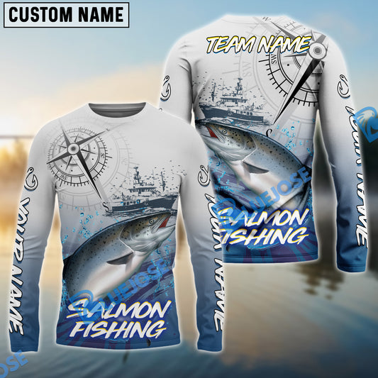 Bluejose Salmon Fishing Realistic Fish Compass Anchor Pattern Custom Name & Team Name 3D Shirts