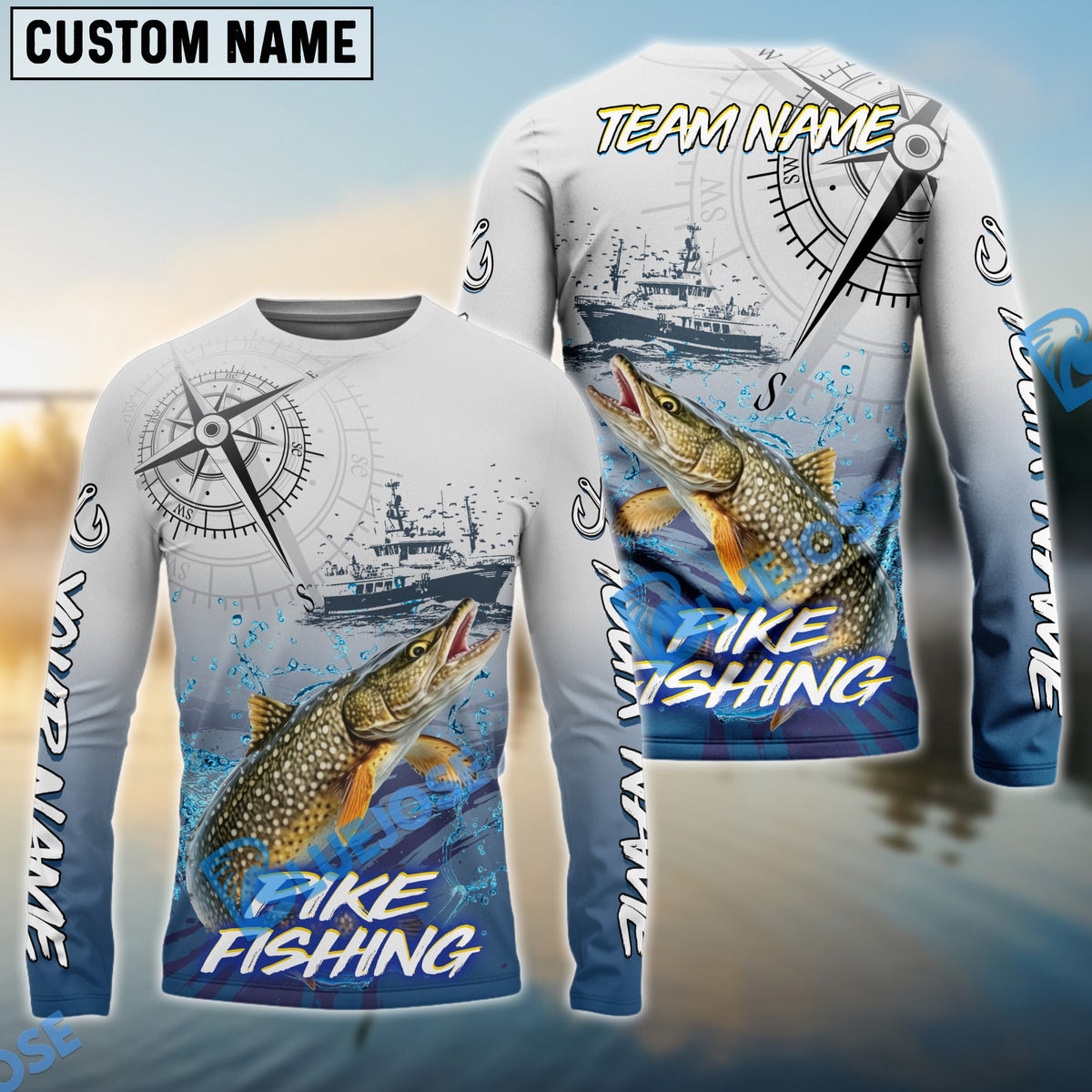 Bluejose Pike Fishing Realistic Fish Compass Anchor Pattern Custom Name &amp; Team Name 3D Shirts