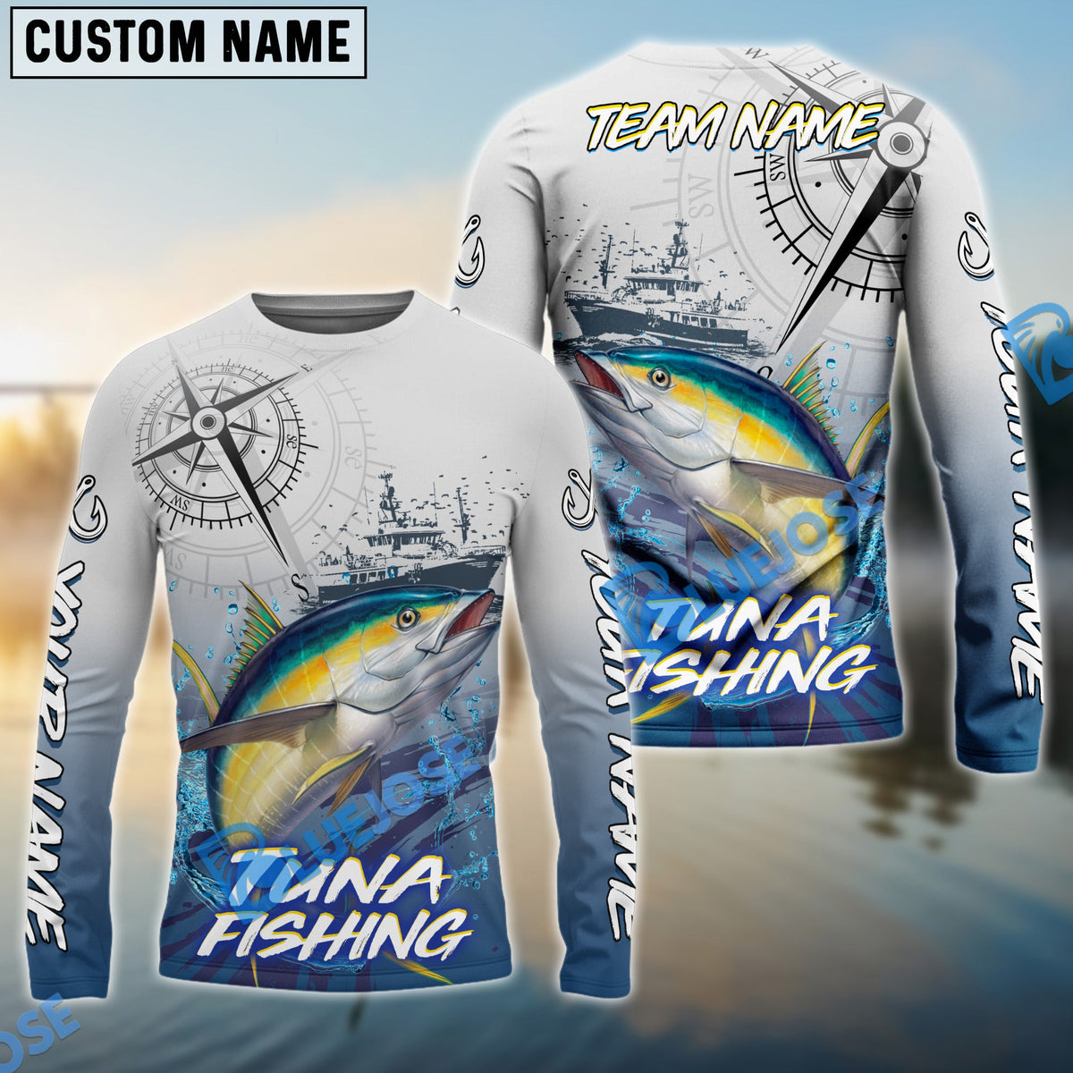 Bluejose Tuna Fishing Realistic Fish Compass Anchor Pattern Custom Name &amp; Team Name 3D Shirts