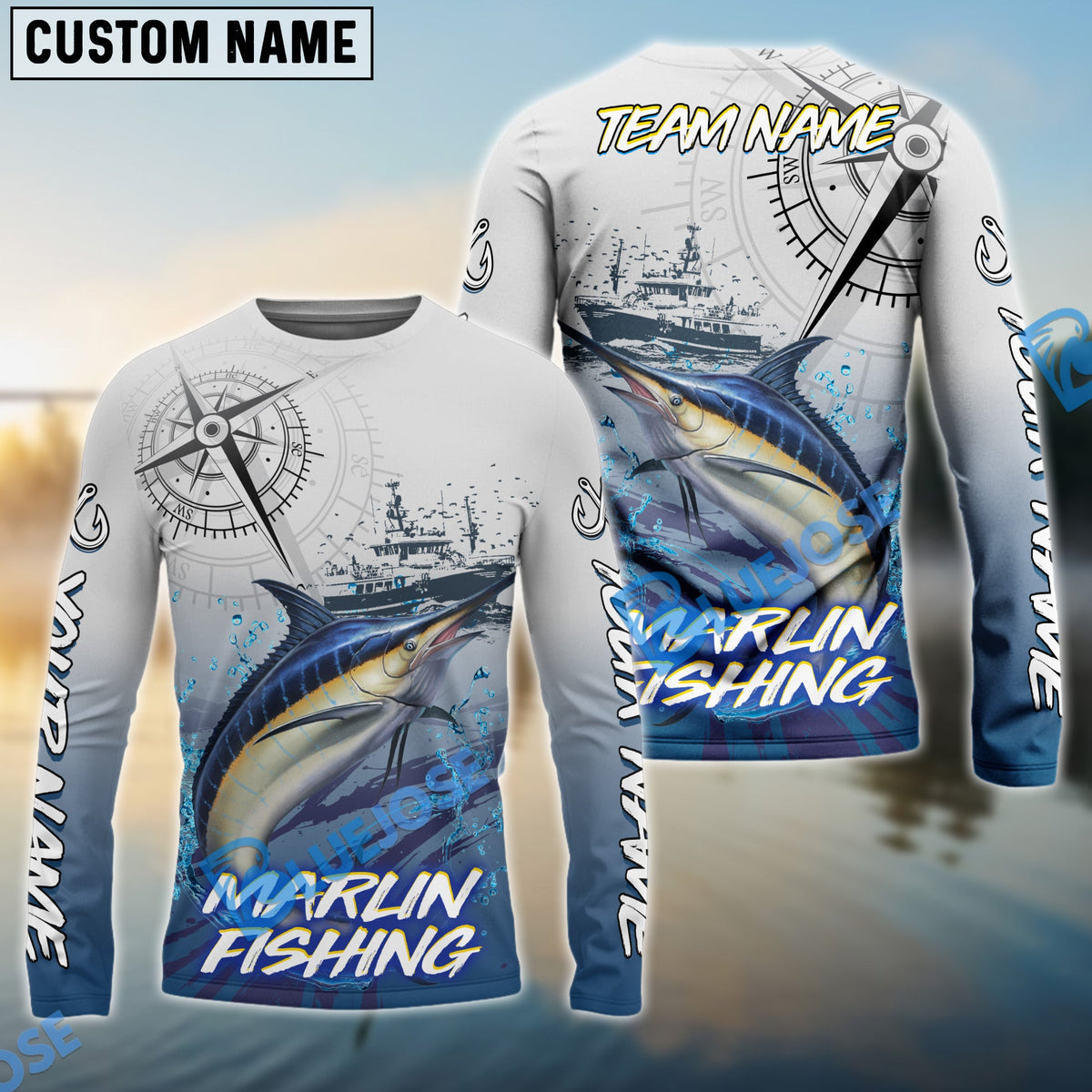 Bluejose Marlin Fishing Realistic Fish Compass Anchor Pattern Custom Name &amp; Team Name 3D Shirts