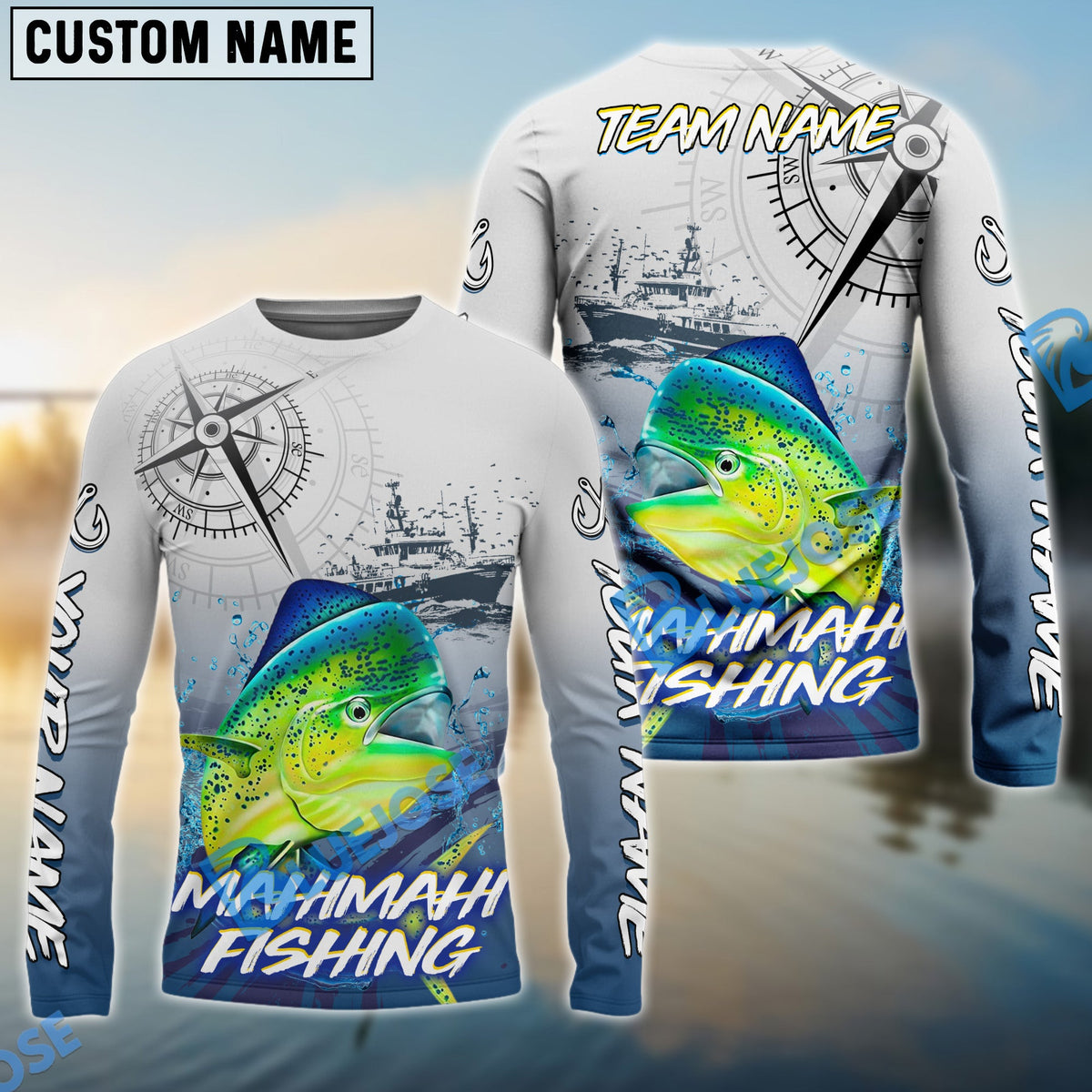 Bluejose Mahi-mahi Fishing Realistic Fish Compass Anchor Pattern Custom Name &amp; Team Name 3D Shirts