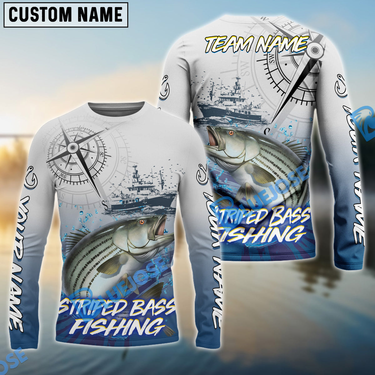 Bluejose Striped Bass Fishing Realistic Fish Compass Anchor Pattern Custom Name &amp; Team Name 3D Shirts