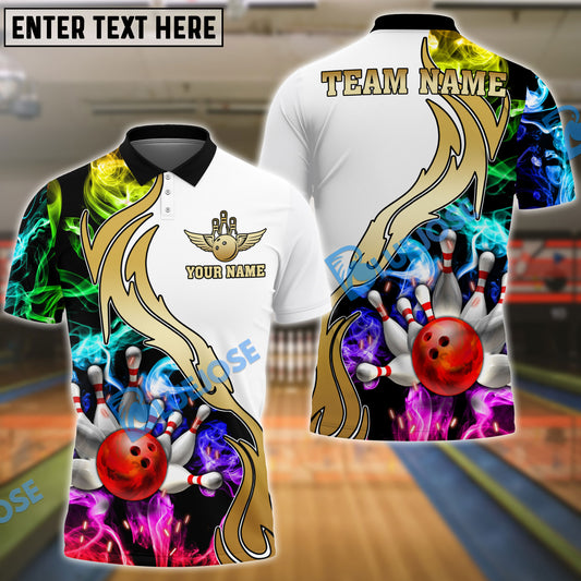 BlueJose Bowling And Pins White Multicolor Golden Smoke Pattern Personalized Name, Team Name Shirt