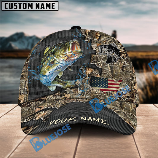 BlueJose Bass Fishing American Flag Map Camo Pattern Personalized Cap