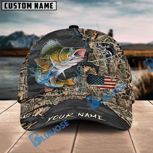 BlueJose Walleye Fishing American Flag Map Camo Pattern Personalized Cap