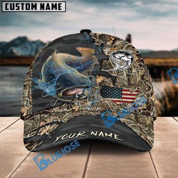BlueJose Catfish Fishing American Flag Map Camo Pattern Personalized Cap