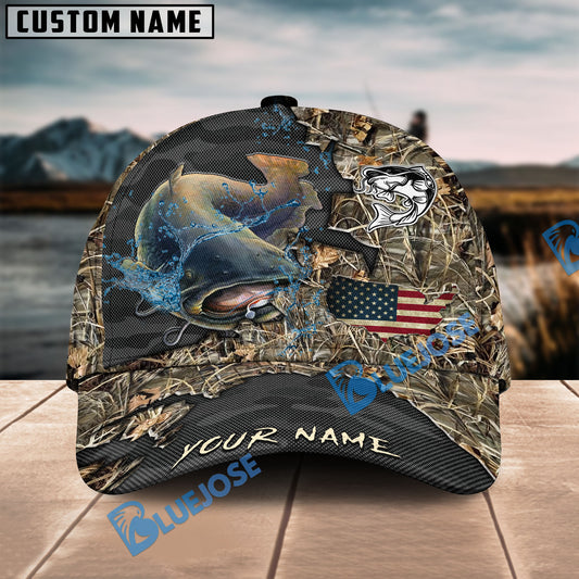 BlueJose Catfish Fishing American Flag Map Camo Pattern Personalized Cap