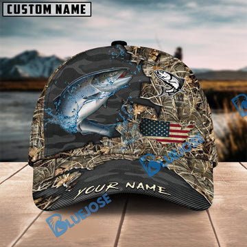 BlueJose Salmon Fishing American Flag Map Camo Pattern Personalized Cap