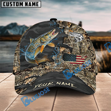 BlueJose Pike Fishing American Flag Map Camo Pattern Personalized Cap