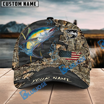 BlueJose Tuna Fishing American Flag Map Camo Pattern Personalized Cap