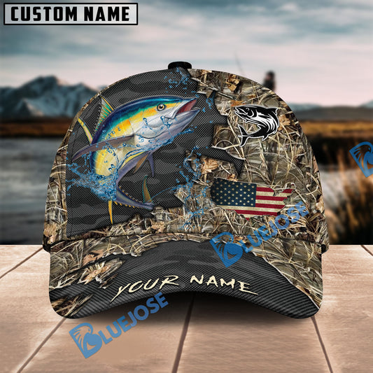 BlueJose Tuna Fishing American Flag Map Camo Pattern Personalized Cap