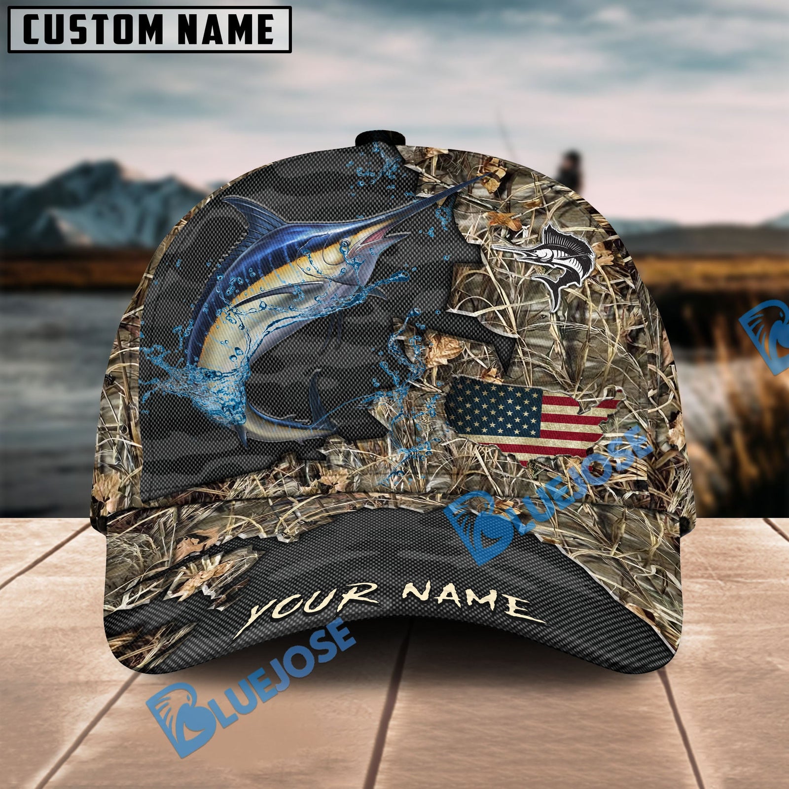 BlueJose Marlin Fishing American Flag Map Camo Pattern Personalized Cap