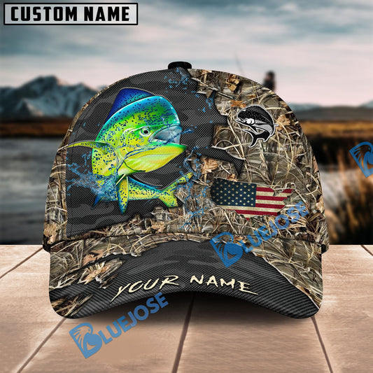 BlueJose Mahi-mahi Fishing American Flag Map Camo Pattern Personalized Cap