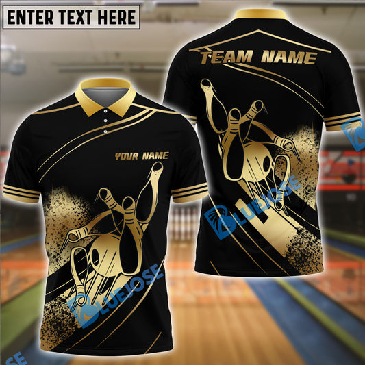 BlueJose Bowling And Pins Dynamic Throw Pose Gold Splatter Art Customized Name, Team Name 3D Shirt (4 Colors)