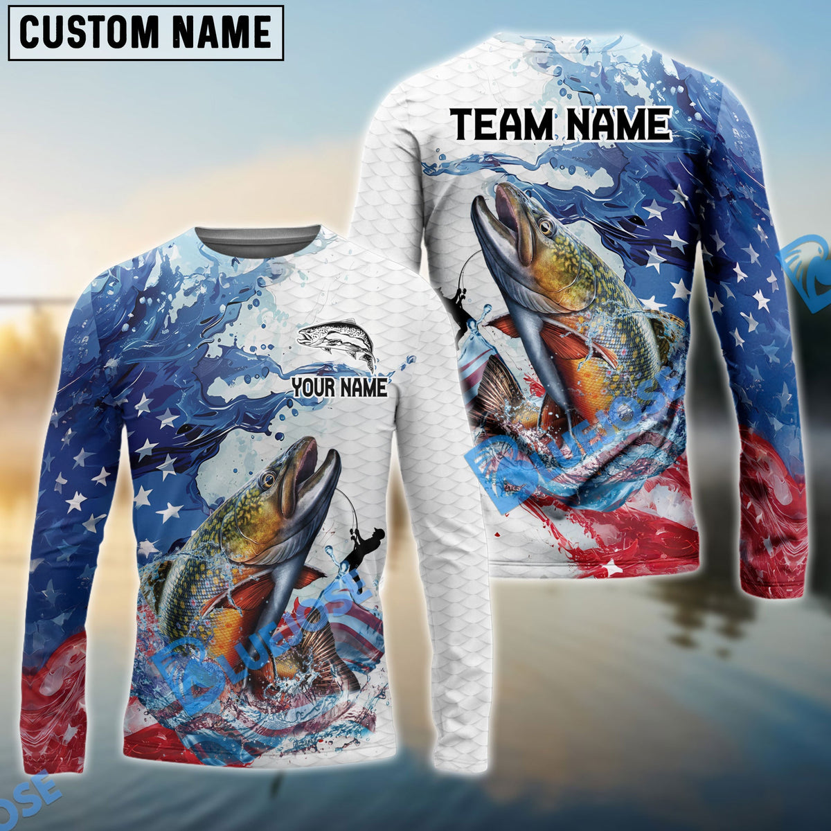 Bluejose Trout Fishing Patriotic American Flag Wave White Skin Custom Name &amp; Team Name 3D Shirts