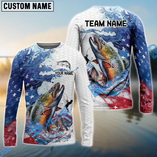 Bluejose Trout Fishing Patriotic American Flag Wave White Skin Custom Name & Team Name 3D Shirts