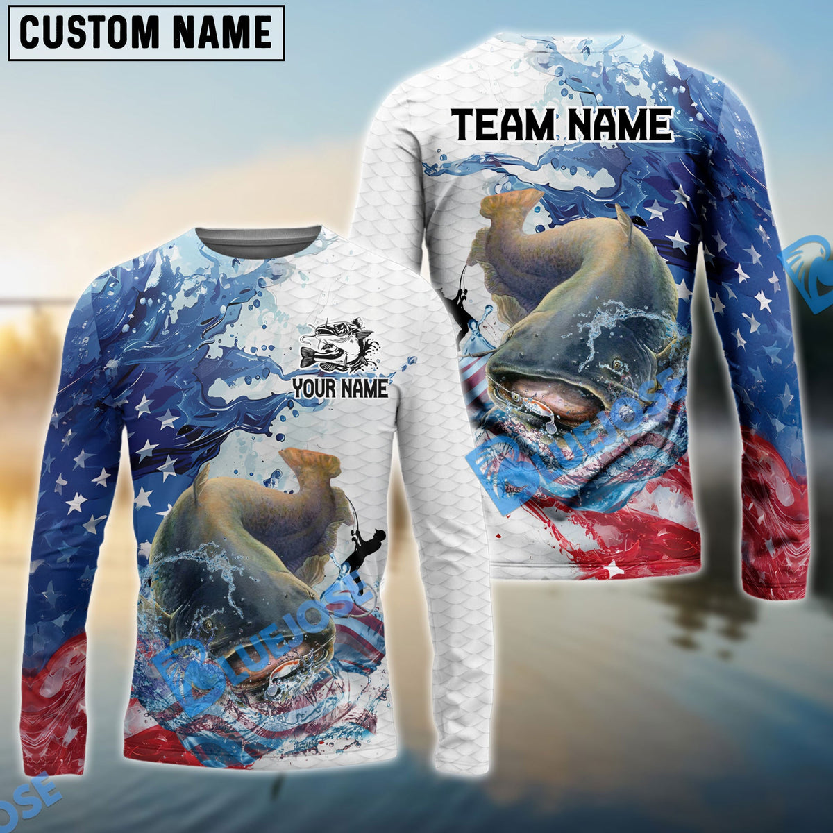 Bluejose Catfish Fishing Patriotic American Flag Wave White Skin Custom Name &amp; Team Name 3D Shirts