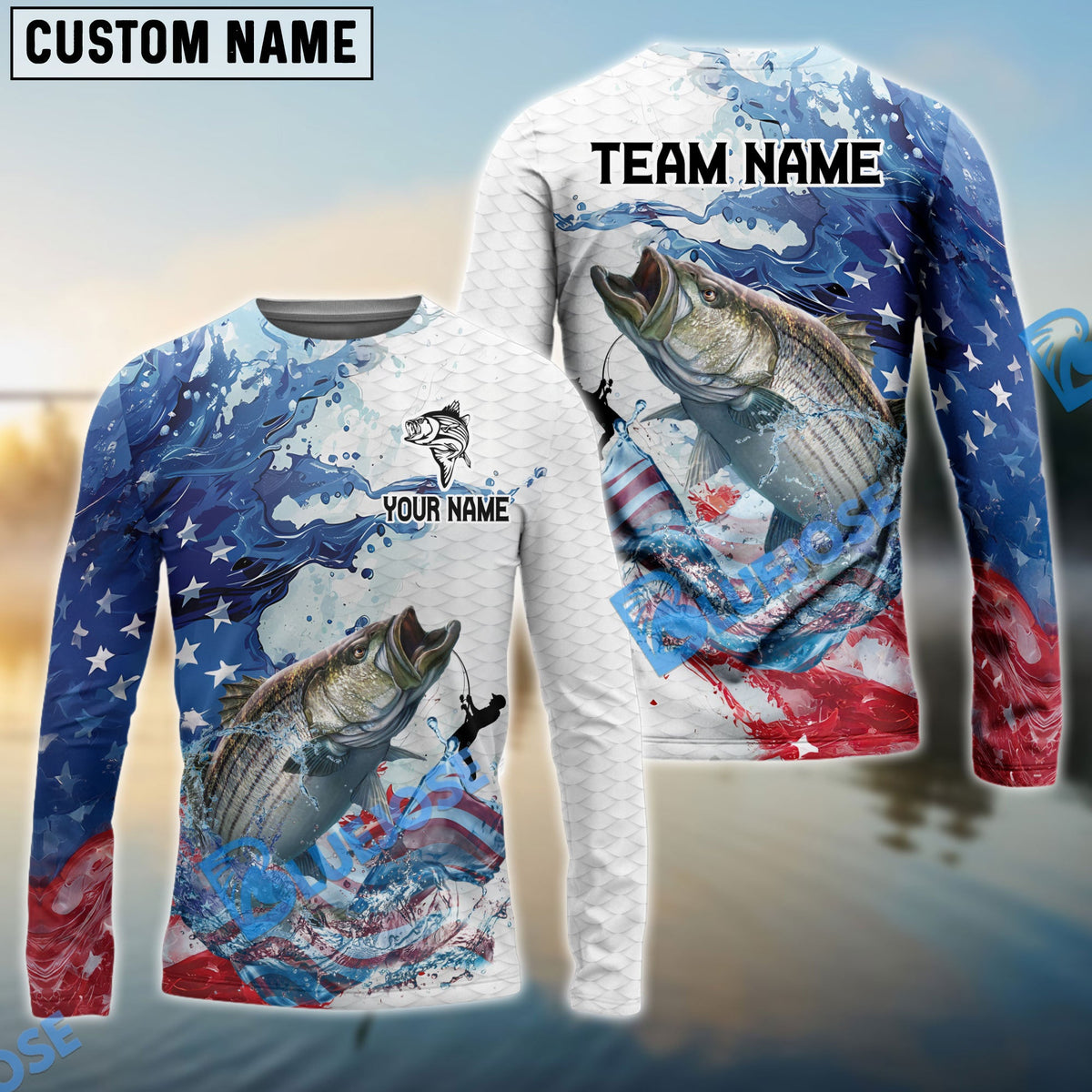 Bluejose Striped Bass Fishing Patriotic American Flag Wave White Skin Custom Name &amp; Team Name 3D Shirts