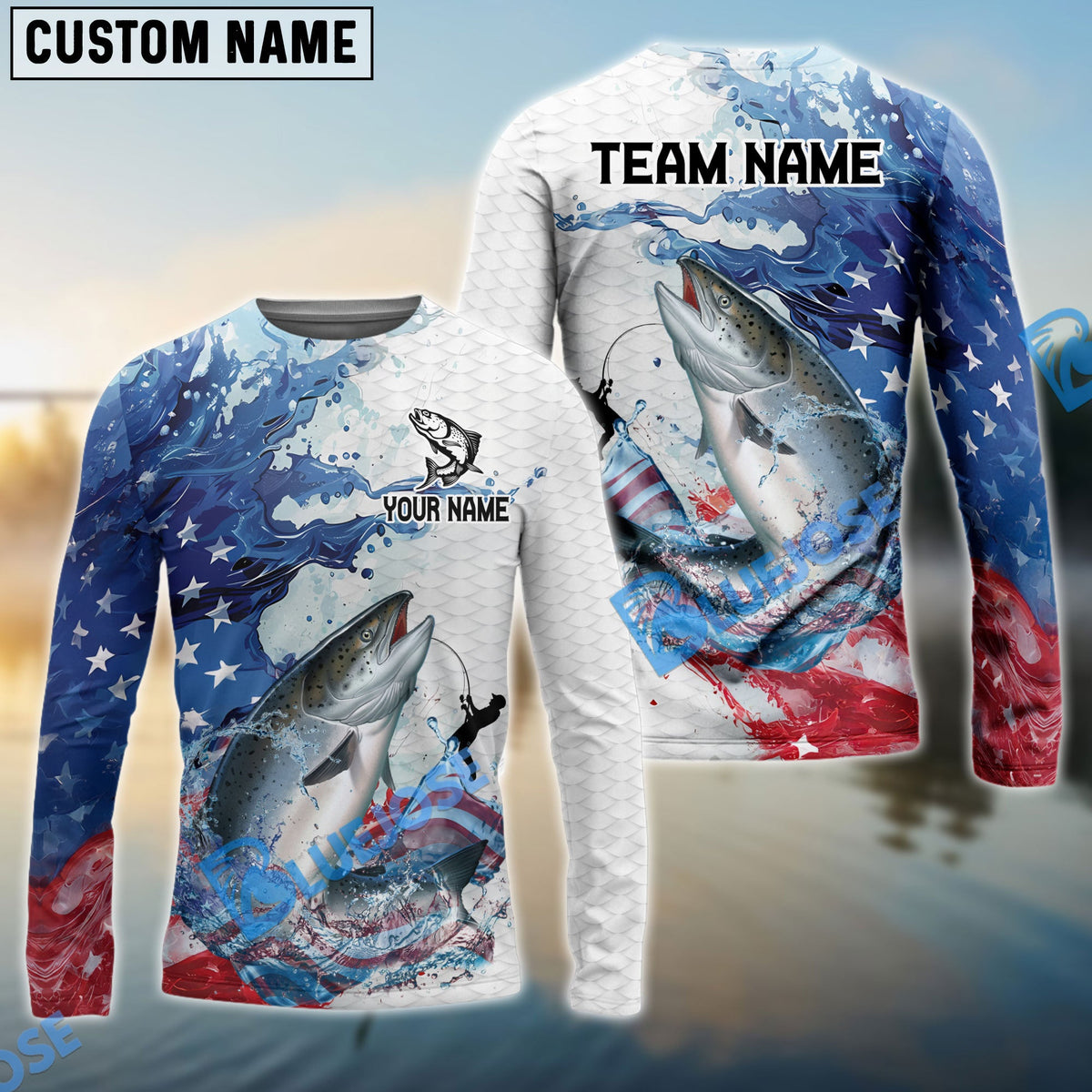 Bluejose Salmon Fishing Patriotic American Flag Wave White Skin Custom Name &amp; Team Name 3D Shirts