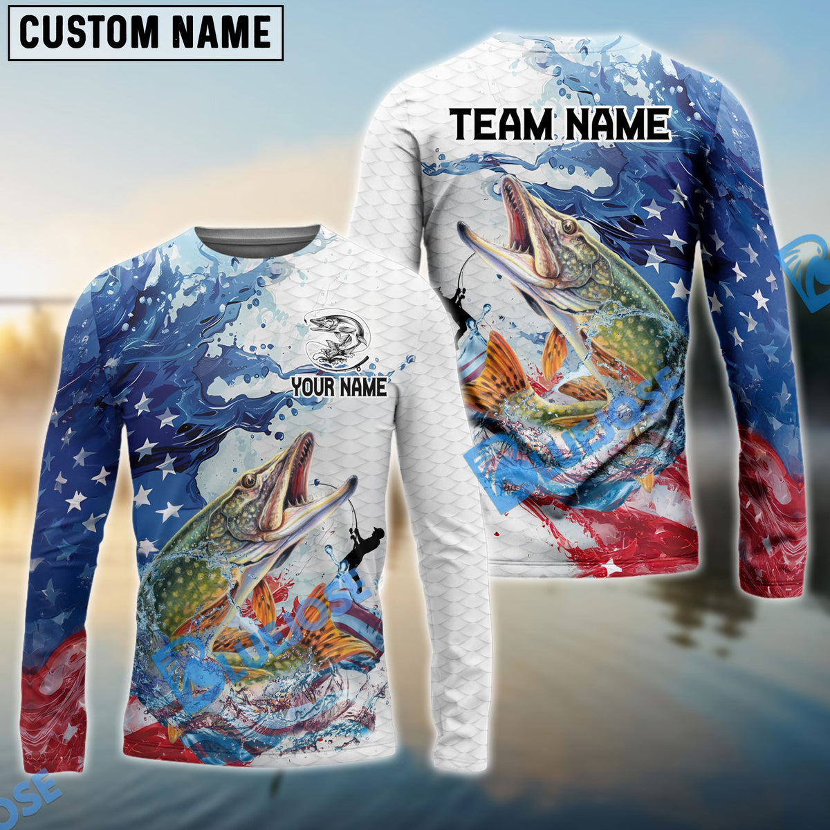 Bluejose Pike Fishing Patriotic American Flag Wave White Skin Custom Name &amp; Team Name 3D Shirts