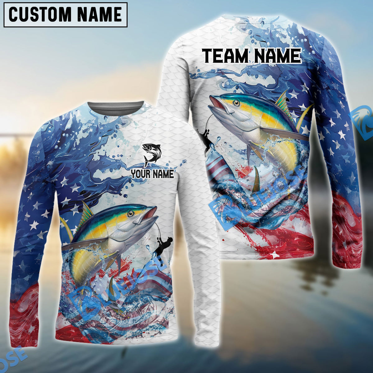 Bluejose Tuna Fishing Patriotic American Flag Wave White Skin Custom Name &amp; Team Name 3D Shirts