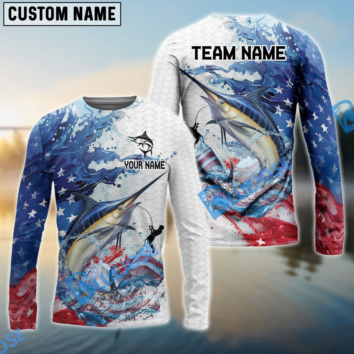 Bluejose Marlin Fishing Patriotic American Flag Wave White Skin Custom Name &amp; Team Name 3D Shirts