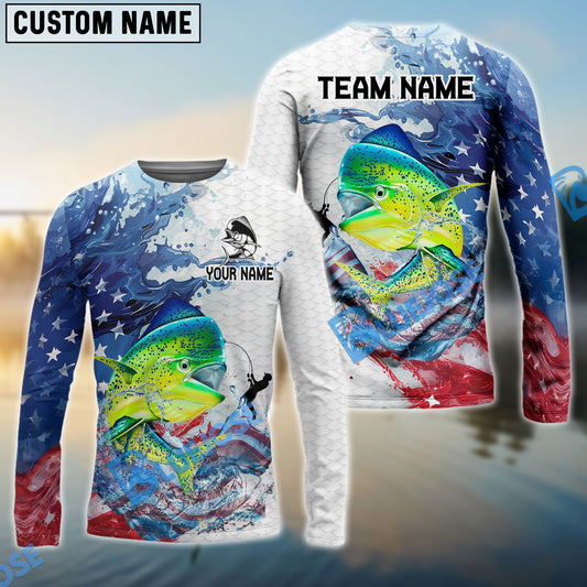Bluejose Mahi-mahi Fishing Patriotic American Flag Wave White Skin Custom Name & Team Name 3D Shirts