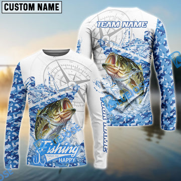 Bluejose Bass Fishing Blue Camouflage Compass Hook Design Pattern Custom Name & Team Name 3D Shirts